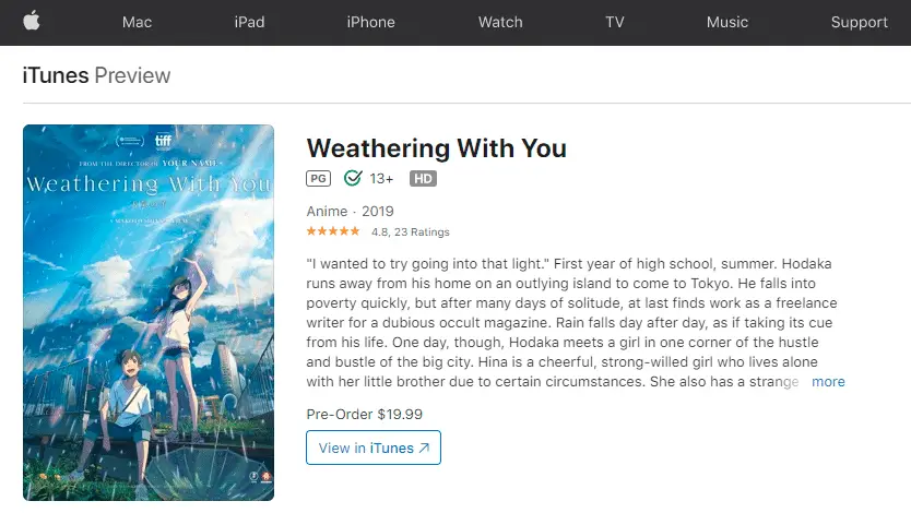 Watch Weathering With You Online on Itunes