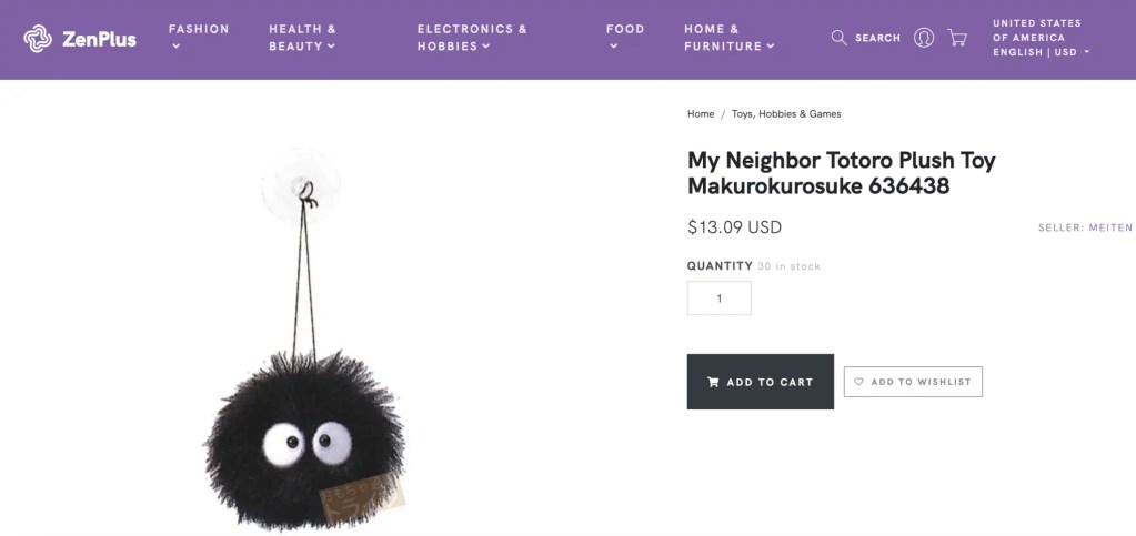 My Neighbor Totoro, Plush Toy Makurokurosuke, sold at ZenPlus
