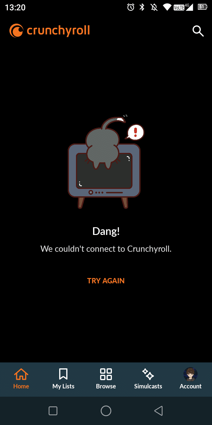 Dang! We couldn't connect to Crunchyroll screenshot