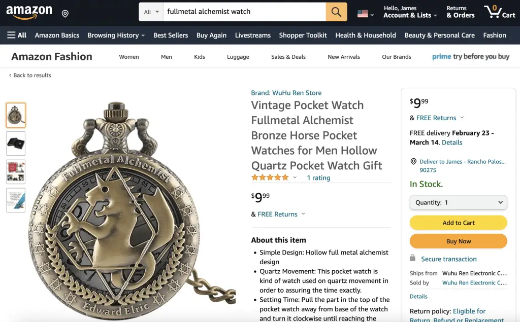 Amazon.com, Fullmetal Alchemist pocket watch listing