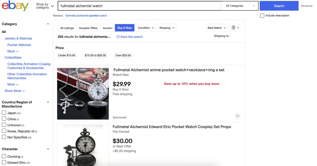 Ebay page showing Fullmetal Alchemist pocket watch choices