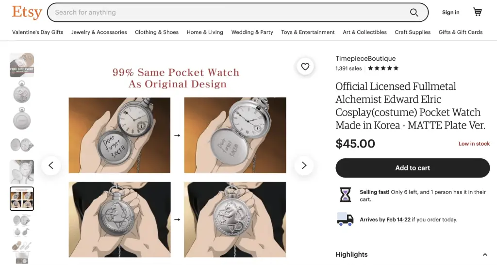 Etsy, Fullmetal Alchemist pocket watch listing