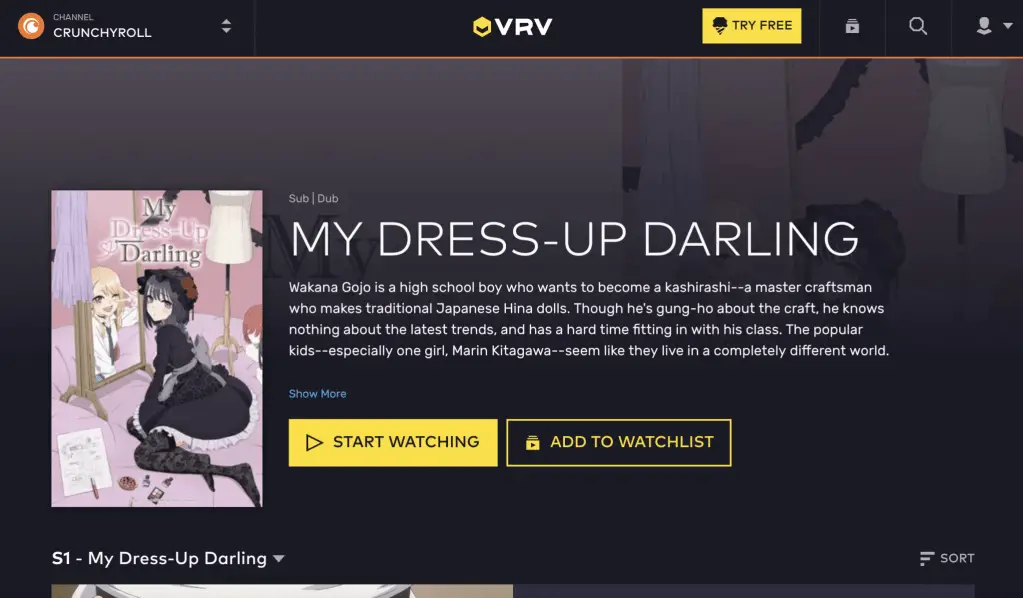 My Dress-Up Darling on VRV