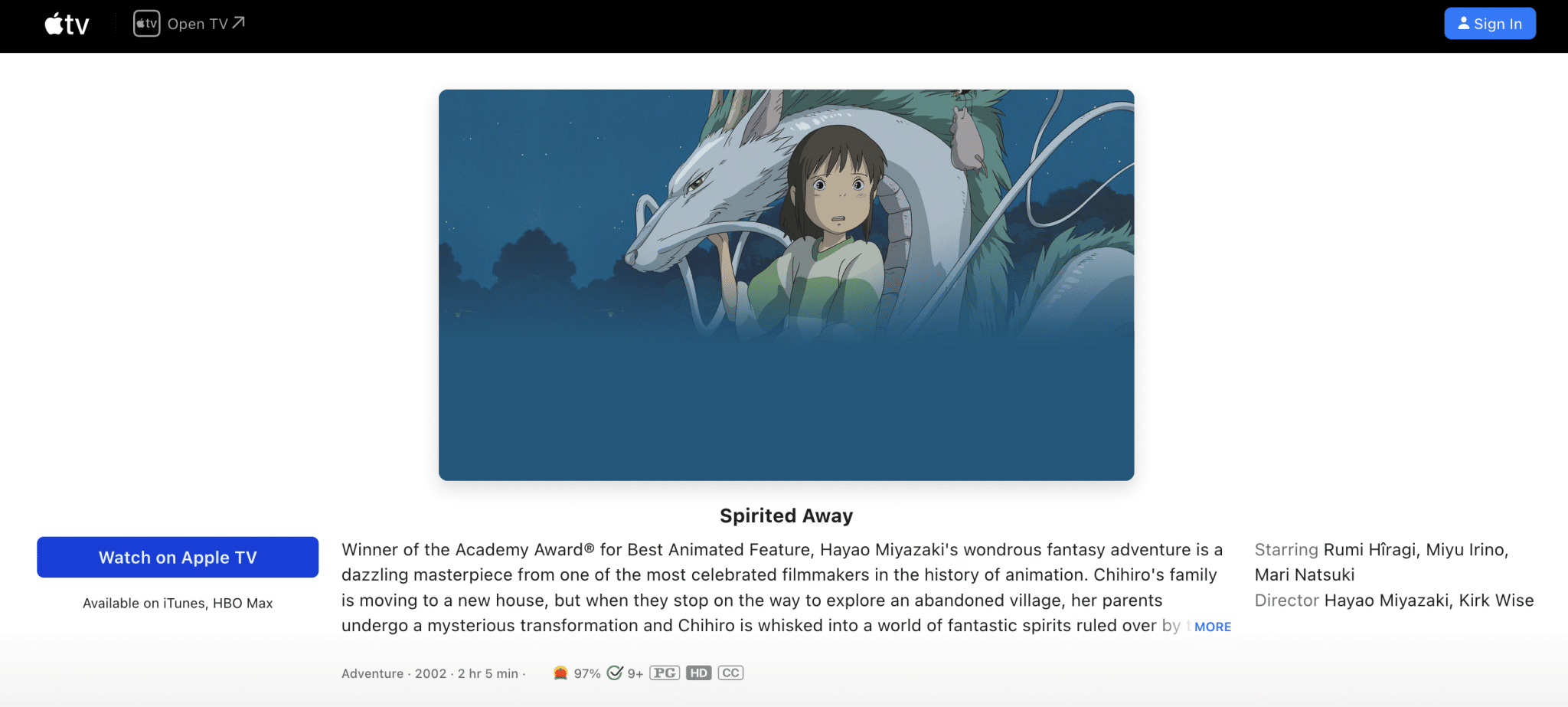 Spirited Away (Hayao Miyazaki, Studio Ghibli) on Apple TV