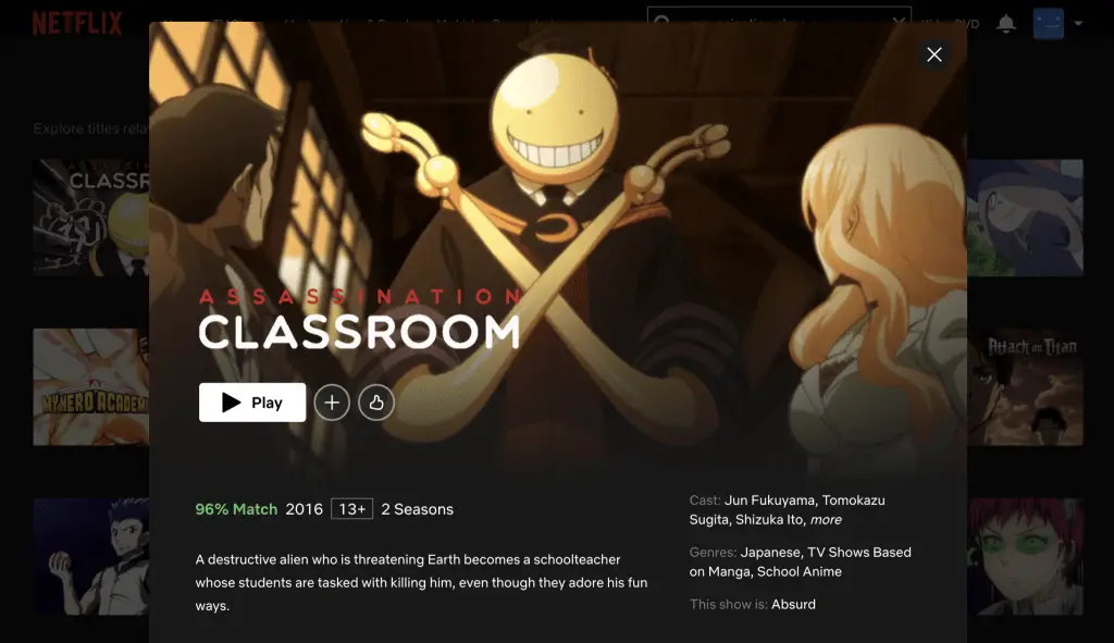 Assassination Classroom on Netflix