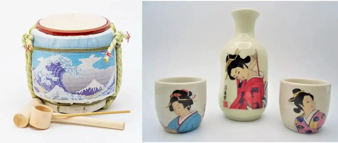 sake barrel, flask and cups, found at ZenPlus