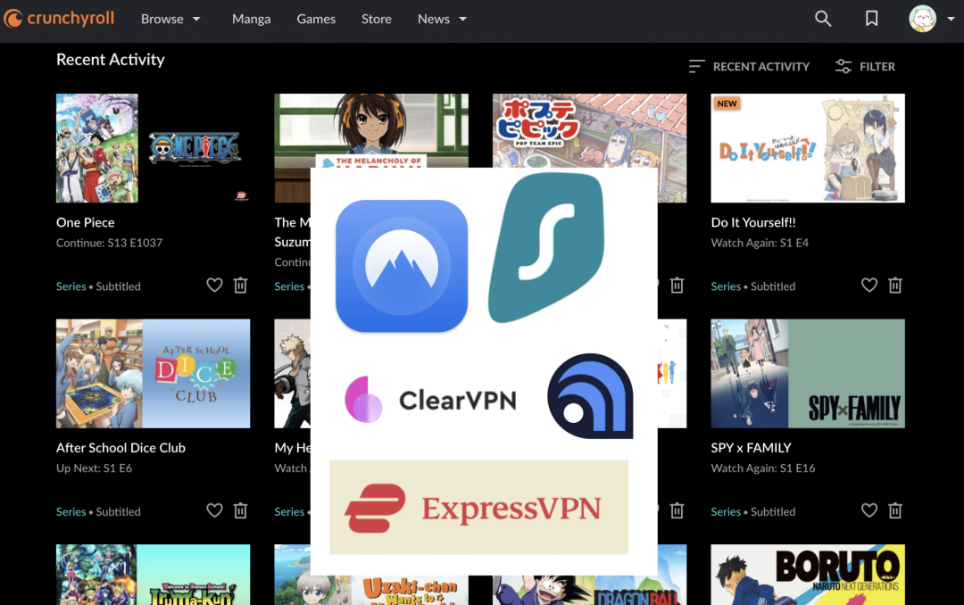 Illustration of Crunchyroll with VPN logos