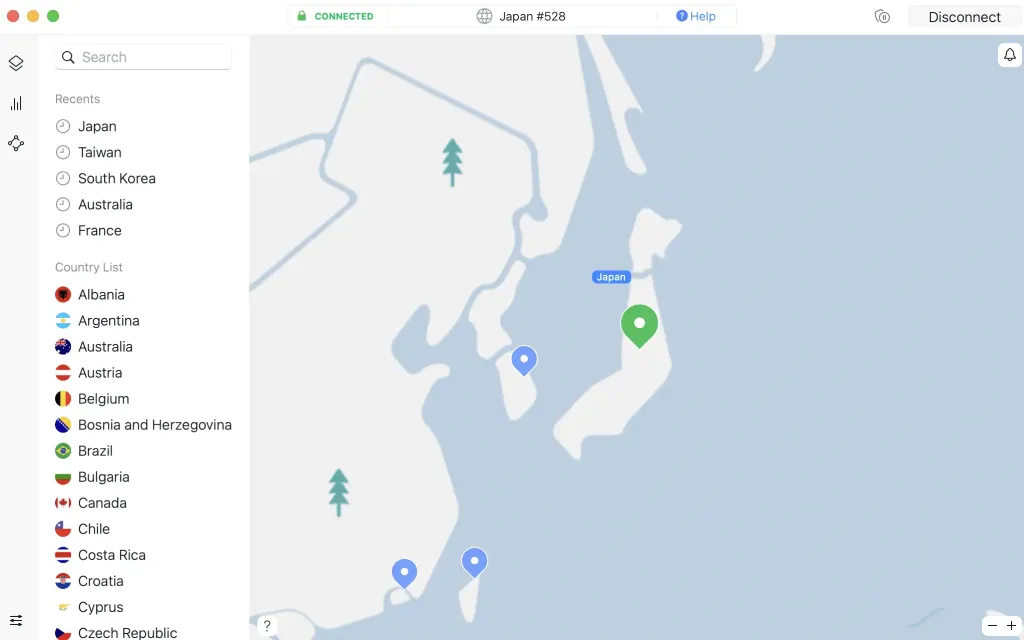 NordVPN map on the app (Mac OS)