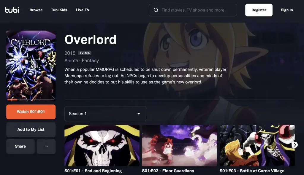Overlord at Tubi