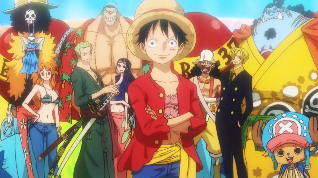 A picture of One Piece characters, specifically the Straw Hat Pirates.