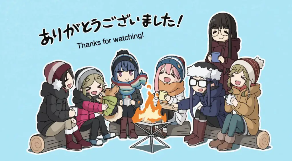 "Thanks For Watching" card for Yuru Camp on Crunchyroll - Afro Houbunsha/Outdoor Activities Committee
