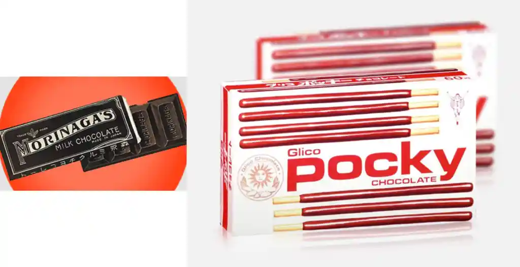 Early examples of a Morinaga chocolate bar (first made in 1918), and Pocky chocolate (introduced in 1966)