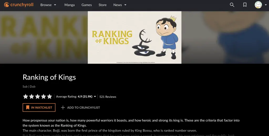Ranking of Kings webpage at Crunchyroll
