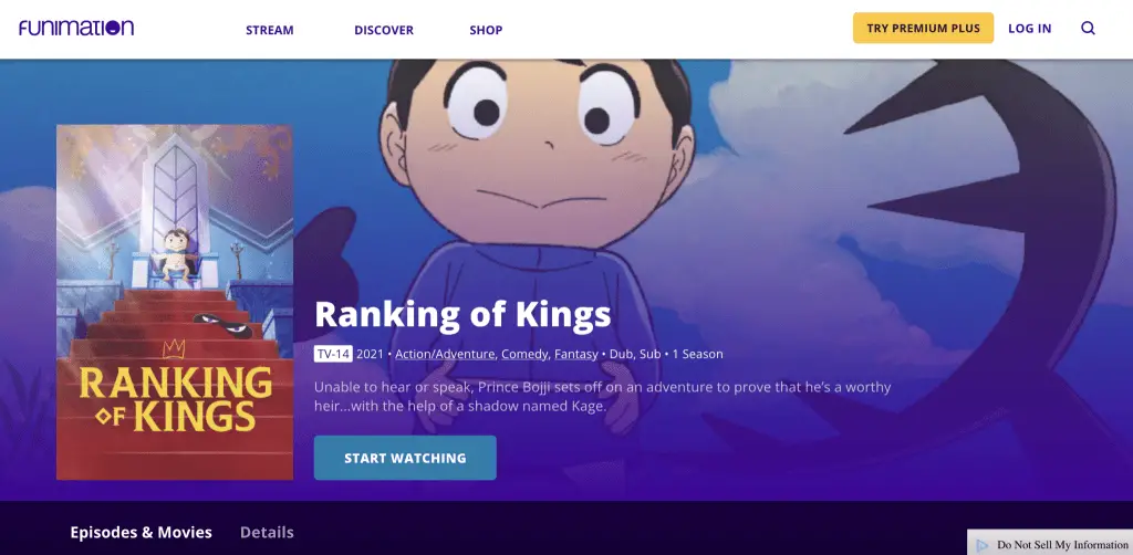Ranking of Kings webpage at Funimation