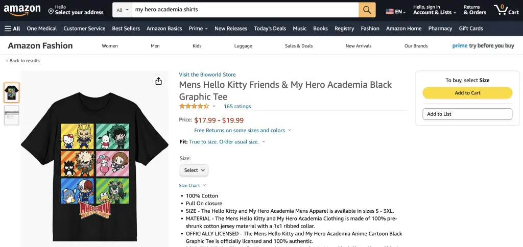 Hello Kitty & My Hero Academia collaboration T-shirt at Amazon.