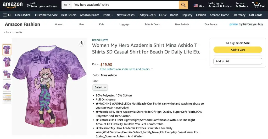 Mina "Pinky" Ashido (My Hero Academia) shirt at Amazon