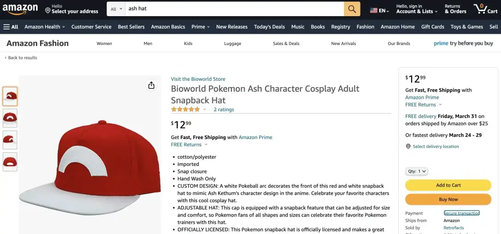 Ash Ketchum (Pokemon XY) cap at Amazon