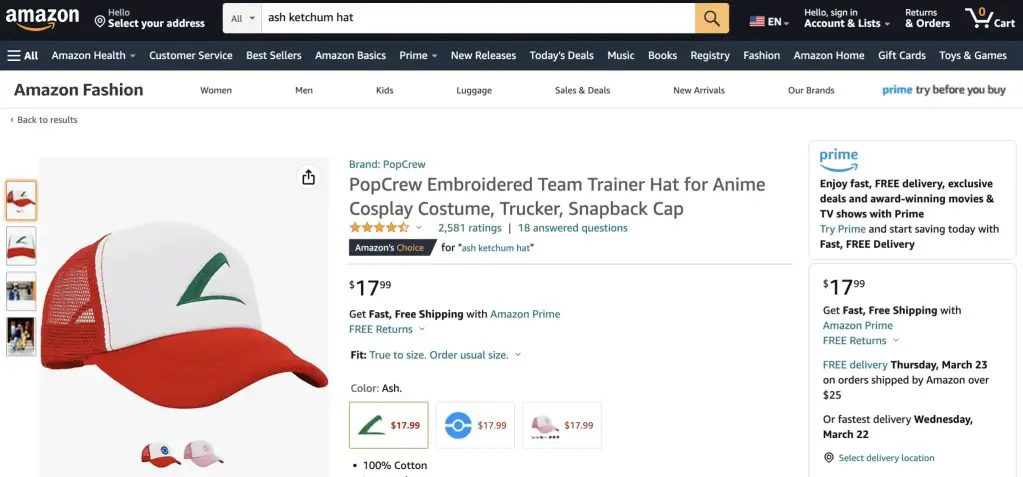 Original series Ash Ketchum hat at Amazon