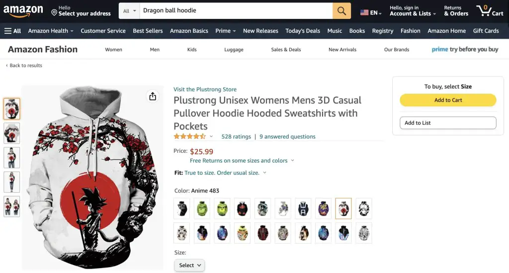 Dragon Ball hoodie at Amazon