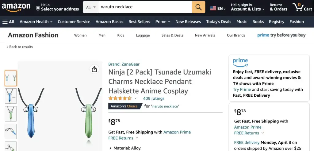 First Hokage's necklace (from Naruto), available at Amazon