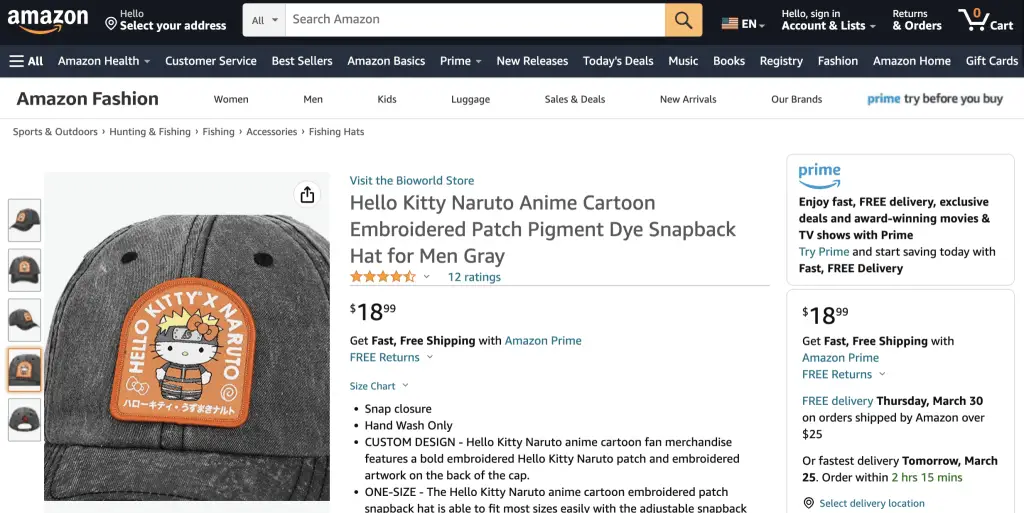 Hello Kitty/ Naruto collaboration cap at Amazon