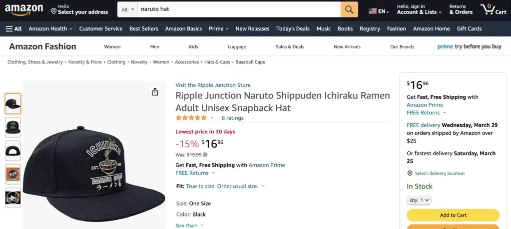 Ichiraku Ramen (Naruto) cap at Amazon