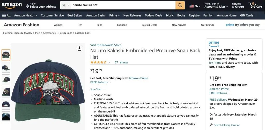 Kakashi (Naruto) cap at Amazon