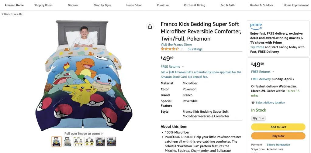 Kids Pokemon comforter at Amazon