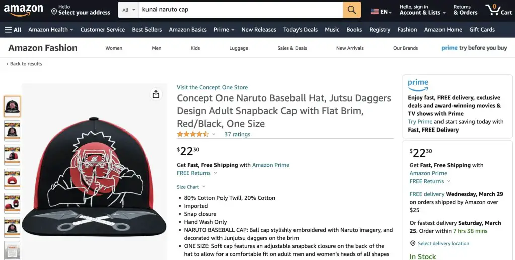 Kunai and Jutsu (Naruto) cap at Amazon