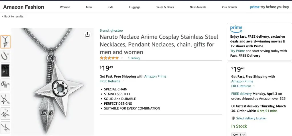 Kunai and shuriken necklace (Naruto) at Amazon