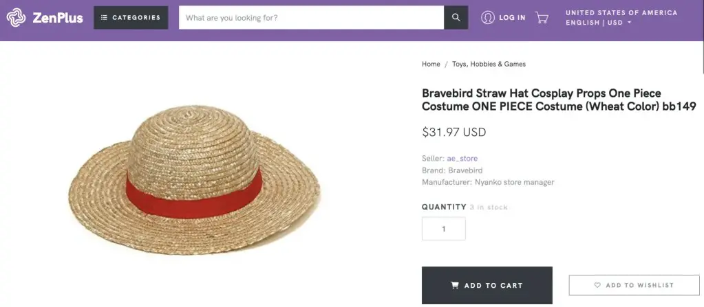 Luffy's straw hat (One Piece) cosplay item at ZenPlus