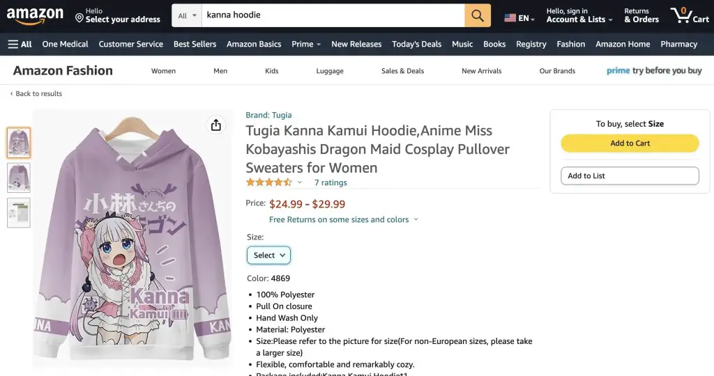 Miss Kobayashi's Dragon Maid hoodie at Amazon