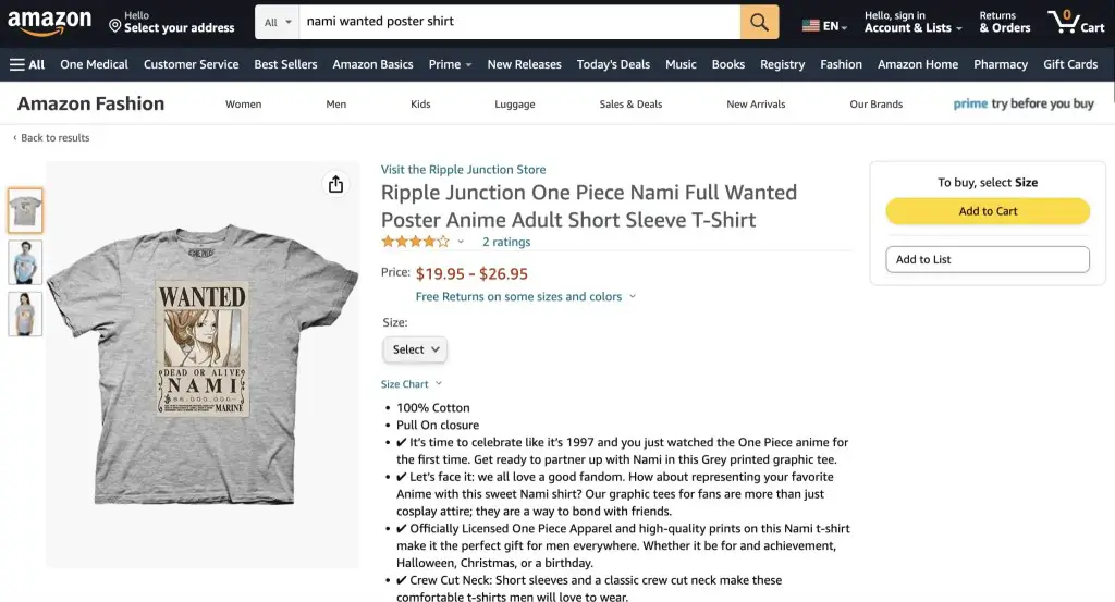 Nami Wanter Poster shirt, One Piece, at Amazon