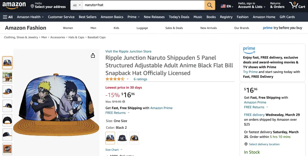 Naruto and Sasuke cap at Amazon