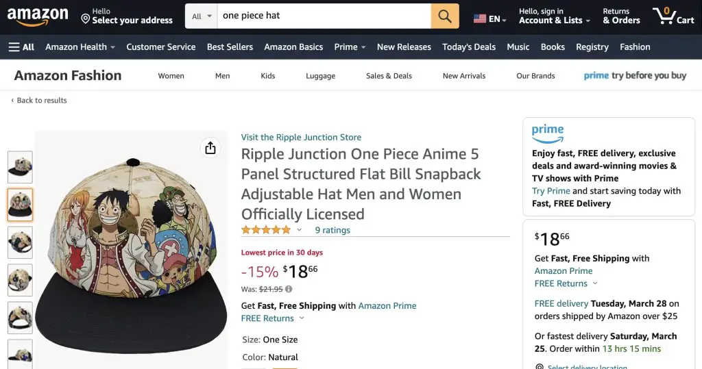 One Piece cap at Amazon