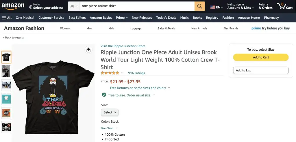 Brook World Tour (One Piece) shirt at Amazon