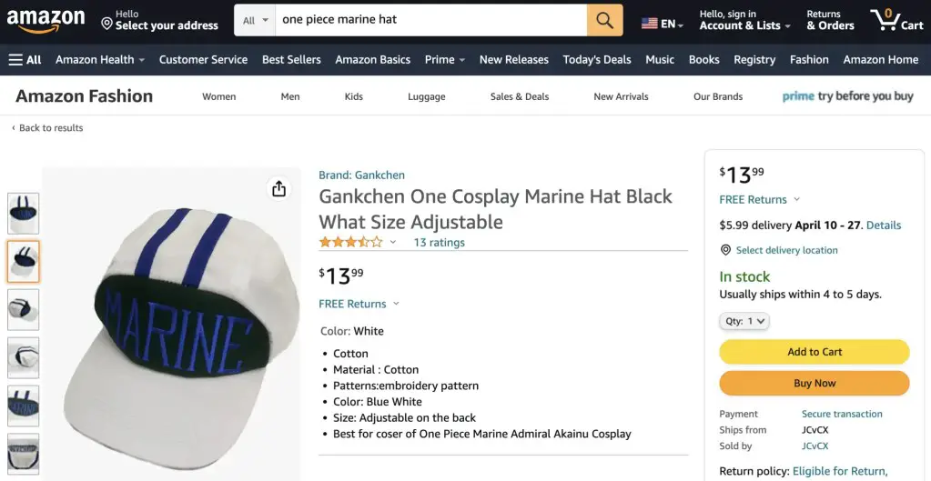 One Piece Marine/ Navy cosplay cap, at Amazon