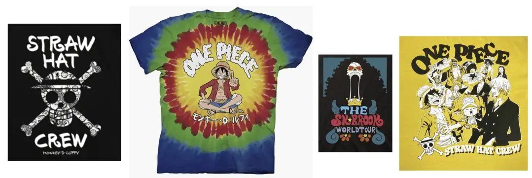 Various One Piece T-shirt designs, from ZenPlus, Amazon, and Crunchyroll