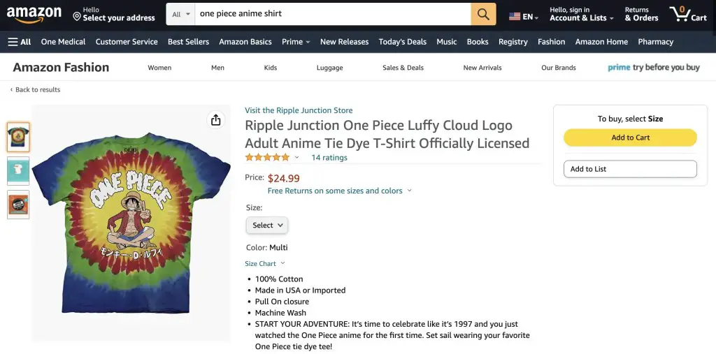 Tie dye One Piece shirt with Luffy, at Amazon