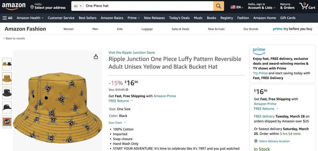 One Piece bucket hat at Amazon