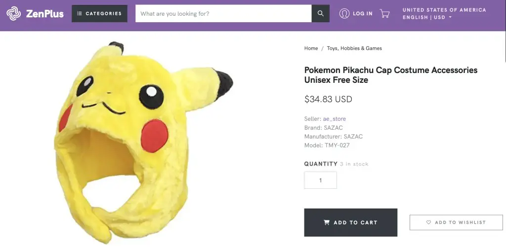 Pikachu (Pokemon) kigurumi hat at ZenPlus