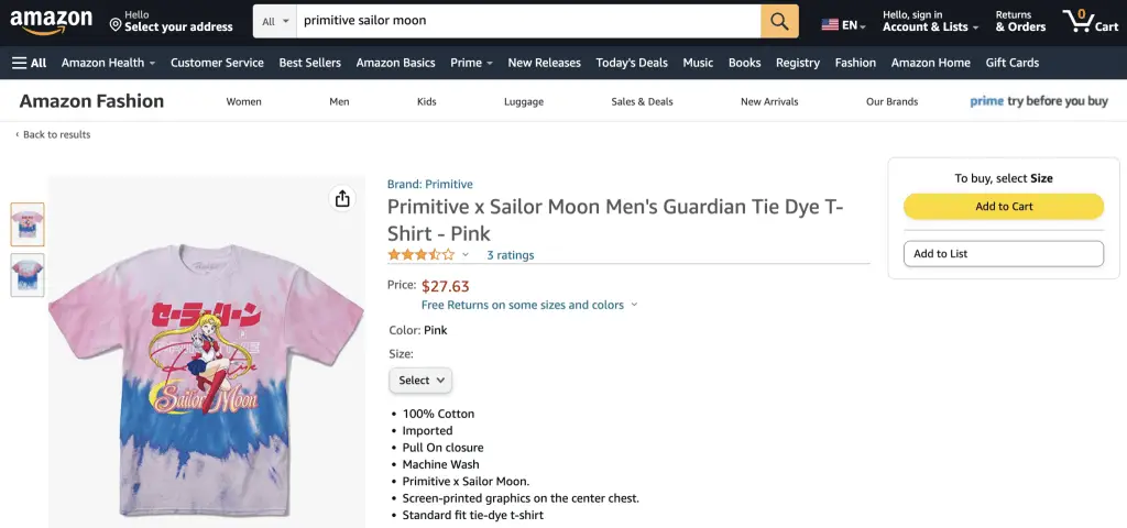 Primitive Skateboarding and Sailor Moon collaboration shirt at Amazon