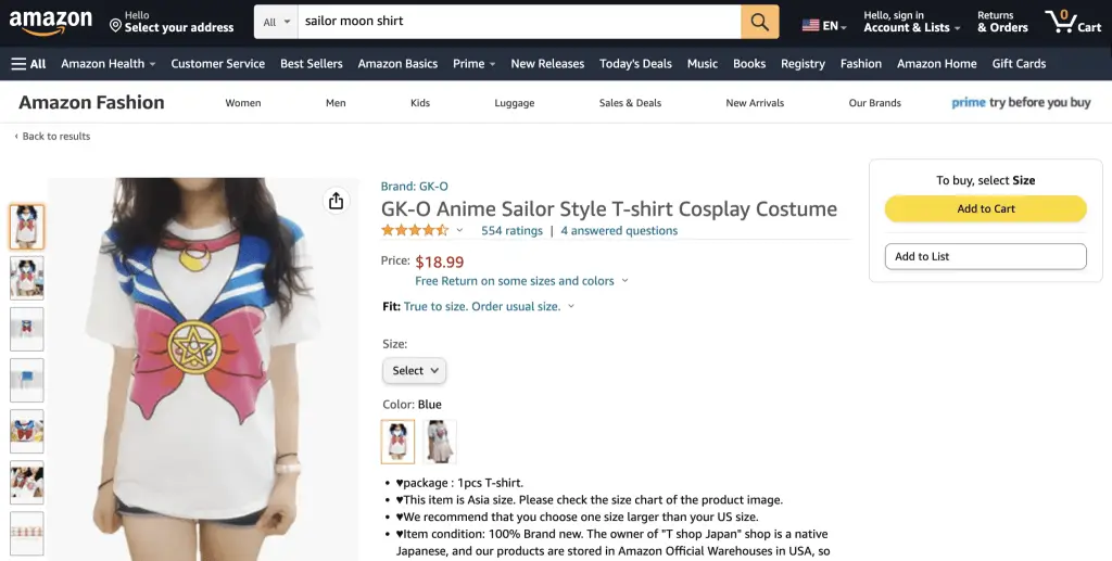 Sailor Moon cosplay-style shirt at Amazon