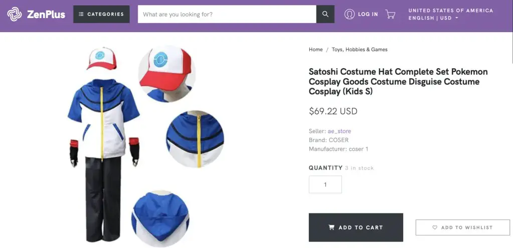 Ash Ketchum/ Satoshi (Pokemon) hat and cosplay outfit at ZenPlus