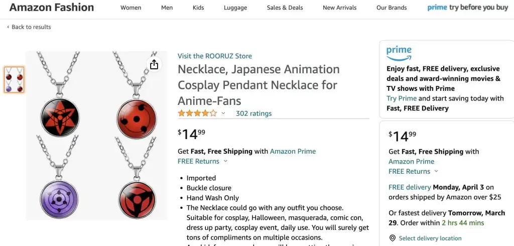 Sharingan necklaces (Naruto) at Amazon