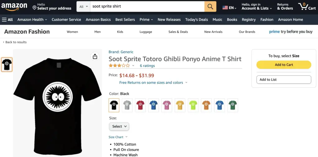 Soot Sprite (Spirited Away) shirt at Amazon