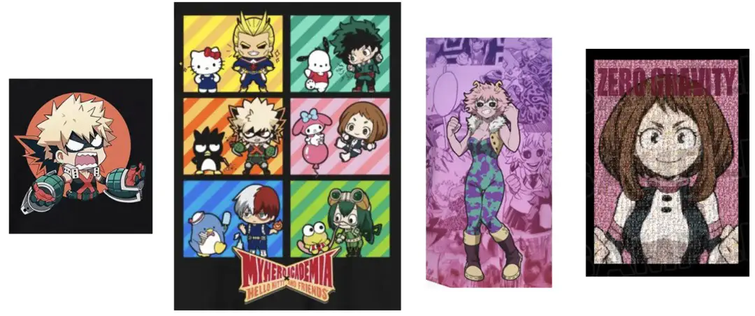 My Hero Academia T-shirt designs from ZenPlus and Amazon. (Hello Kitty and Friends is from Sanrio)