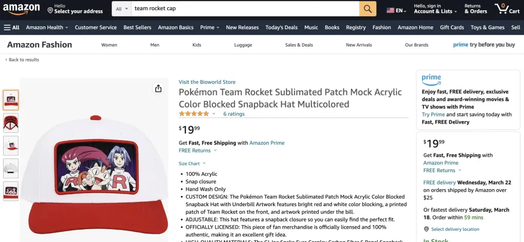 Team Rocket (Pokemon) hat at Amazon