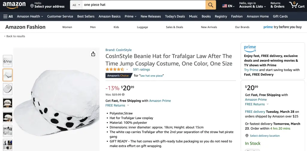 Trafalgar Law (One Piece) cosplay hat at Amazon.