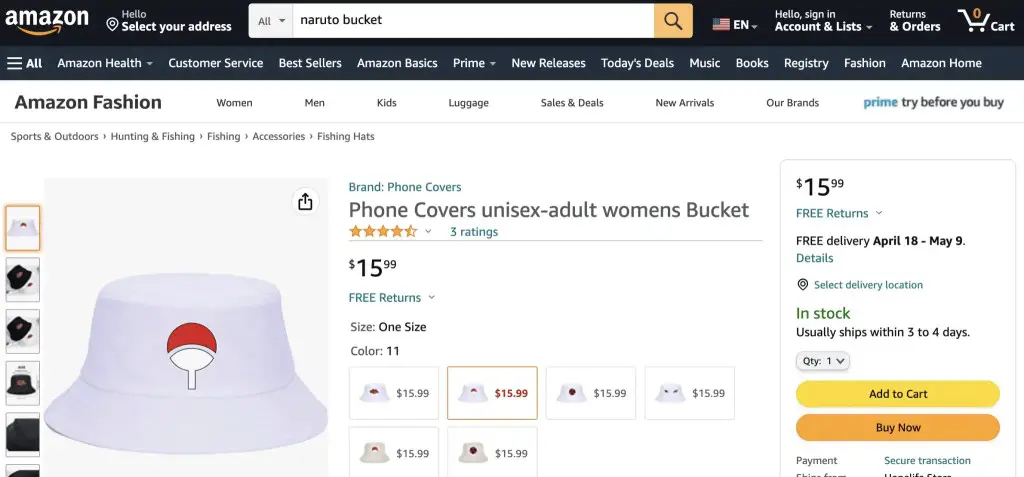Uchiha (Naruto) bucket hat at Amazon